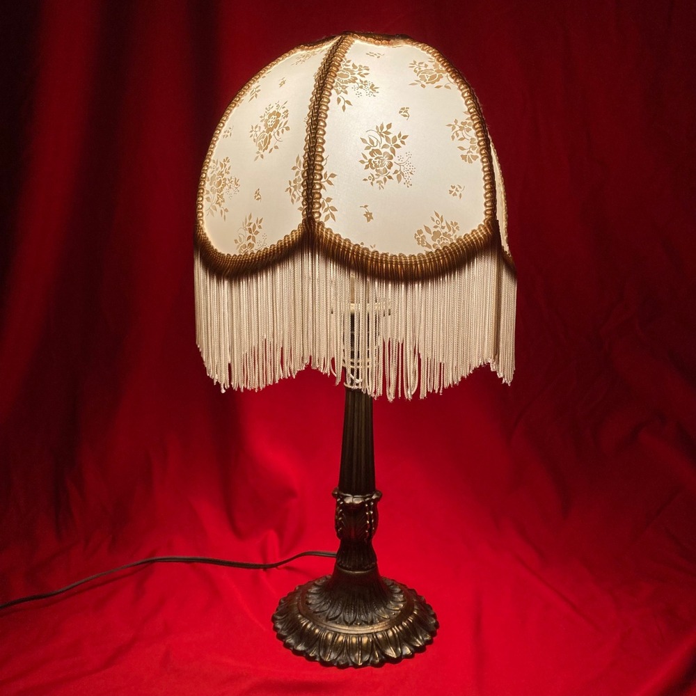 Vintage Victorian Fringed Table Lamp Cream Silk Embroidered Faux Bronze 20" Boho